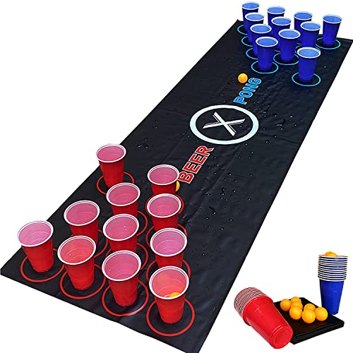 Yeuligo 71 × 23in Beer Pong Table Mat, Beer Pong Set for Drinking Games, 14 × Beer Pong Balls, 24 × Reusable Party Plastic Cups, Party Festivals BBQ Drunk Games for Adults