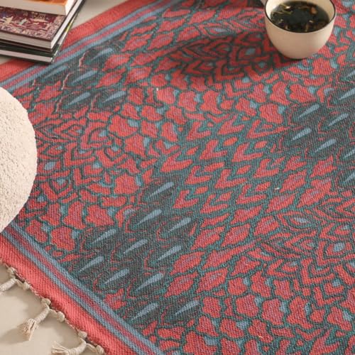 Image of Peepul Tree Handmade Pure Cotton Rug for Living Room | Multipurpose Carpet for Hall, Bed Room and Corridor | Floor Rugs | Sustainable Dhurrie | 3x5ft | Coral, and Teal | Chintz Collection