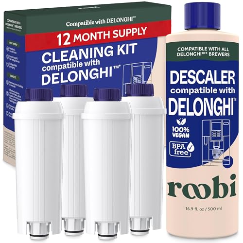Image of Roobi DeLonghi Compatible Cleaning Descaling Kit. Includes 1 Bottle of Descaling Solution and 4 DeLonghi Filters. Carbon Neutral DeLonghi Cleaner Descaler Kit. 1 Year Supply.