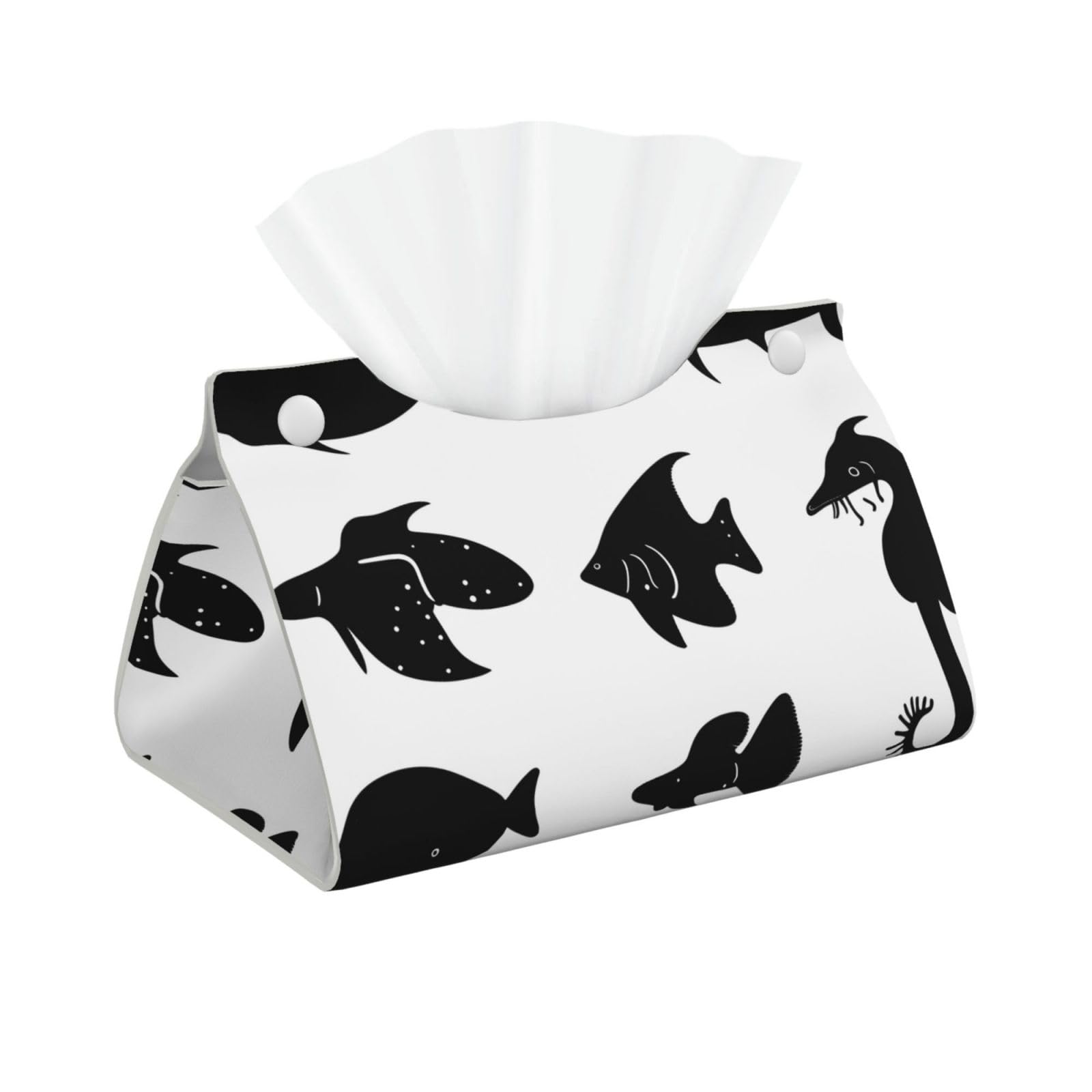 Black and White Fish Long Leather Tissue Box Cover-Waterproof PU Leather Tissue Holder for Bathroom, Decorative Rectangular Tissue Case