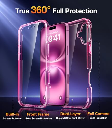 Image of Diaclara Designed for iPhone 16 Plus Case, Full Body Rugged Case with Built-in Touch Sensitive Anti-Scratch Screen Protector, Upgraded [Full Camera Protection] for iPhone 16 Plus 6.7 inch,Clear Pink