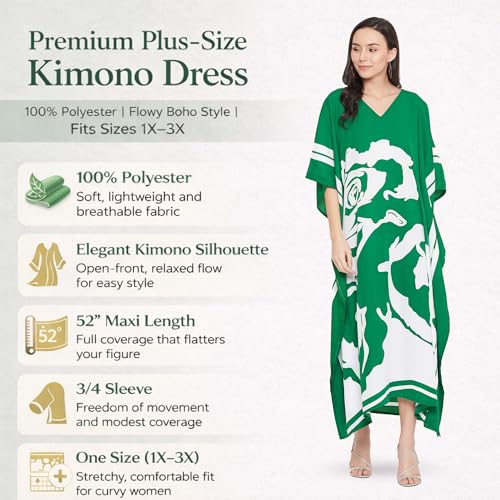 Image of Oussum Women Plus Size Dresses Kimono Caftan Maxi Dress Floral Polyester Long Mumu House Beach Cover Up 1X-3X Summer Wear