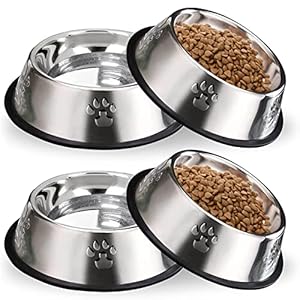 Kathson Basics Stainless Steel Dog Bowl with Rubber Base, Steel Cat Bowls for Food and Water Dog Dish Metal Pets No-Tip Pet Bowl for Small Medium Animals Kitten （4PCS M）