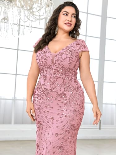 Image of Plus Size Womens Sequined Long Evening Gown Glamous Sleeveless V-Neck Mermaid Prom Dress for Wedding Party