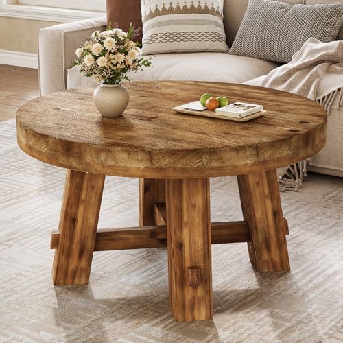 31.5-Inch Round Coffee Table, Solid Wood Center Table with Thicke...