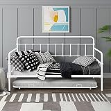 PVWIIK Twin Daybed with Trundle for Kids,Metal Bed Frame Heavy w/Safety Guardrails & Steel Slat Support for Girls, Boys,No Box Spring Needed,White
