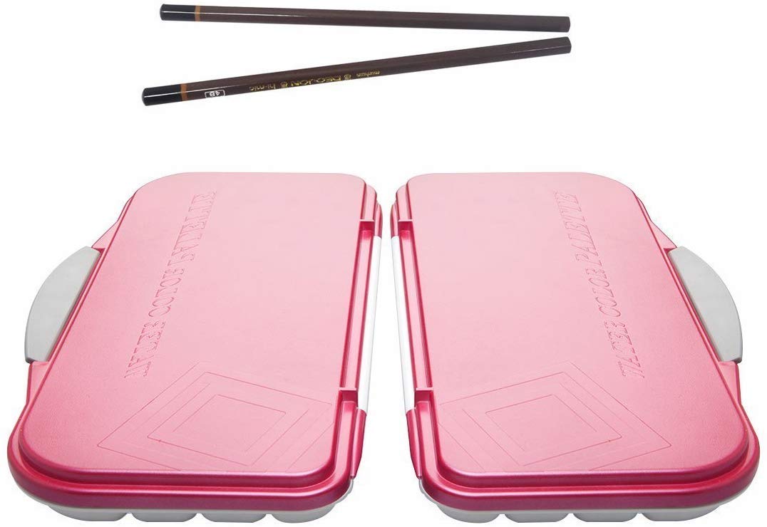 Mijello Red Airtight Watercolor 18-Well Fuchsia Palette 2 Pcs (4B Art Pencil X 2 Gift)