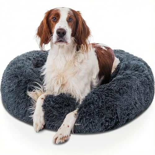 Woof & Whiskers Calming Donut Dog Bed Large 80cm Dark Grey | Anti-Anxiety Round Plush Pet Bed for Dogs & Cats Non-Slip Base Machine Washable Soft & Comfortable (Dark Grey 80cm)