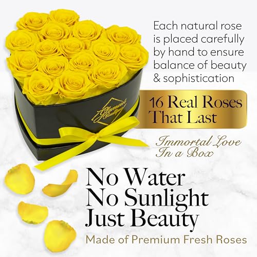 Image of GLAMOUR BOUTIQUE 16 Flower Forever Heart Shape Box, Mothers Day Gift For Mom, Eternal Preserved Roses Gift for Her, Flowers bouquet, For Birthday, Anniversary, Girlfriend - Yellow (Color-Treated)