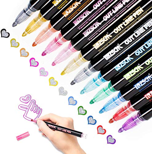 Double Line Outline Pens, Whaline Self-Outline Metallic Markers Glitter Writing Drawing Doodle Dazzle Pens for Christmas Card Writing, Birthday Greeting, Scrap Booking, DIY Art Crafts