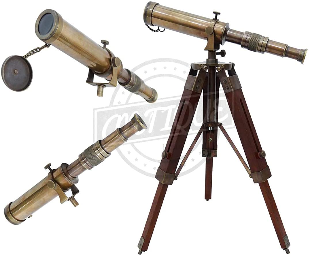 Antique Brass Victoria Telescope with Vintage Wooden Tripod Stand Table/Desk Standing Christmas Decoration Gift for Men/Women/Adults