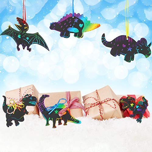 outus 120pcs scratch dinosaur craft art kits for kids with 48 scratch dinosaur paper24 wooden styluses and 48 ribbons for theme birthday party game supplies