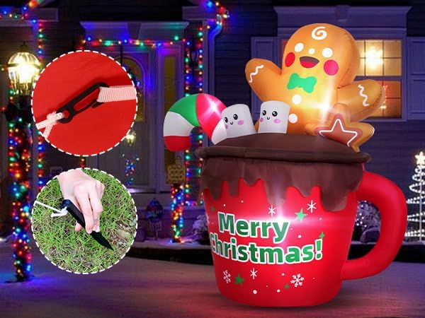 6FT Christmas Inflatables Outdoor Decorations, Gingerbread Christmas Inflatable Hot Cocoa Mug with Built-in LEDs Blow Up Christmas Decoration for Garden Lawn Yard Patio Xmas Inflatable - Image 5