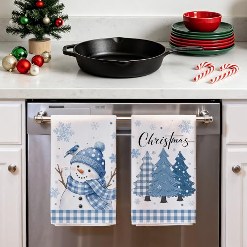 Image of Hexagram Christmas Hand Towels for Bathroom Set of 2, Christmas Bathroom Decor, Blue Snowman Pattern, Soft Hand Towels 18x28 Inches