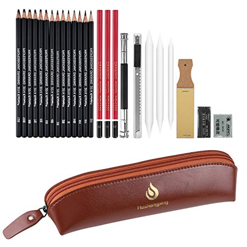 Art Pencil Case, 26-Piece Sketch and Drawing Pencil Set For Beginners, Kids or Any Artist, Mini Artist Kit Includes Sketching Pencils,Charcoal Pencils,Paper Pen,Eraser, Blenderï¼ˆBrownï¼‰