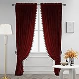 Gxi Burgundy Velvet Blackout Curtains with Luxury Pom Poms Solid Thermal Insulated Rod Pocket Drapes for Bedroom Living Room, 2 Panels， Each Panel W52xL84 inch