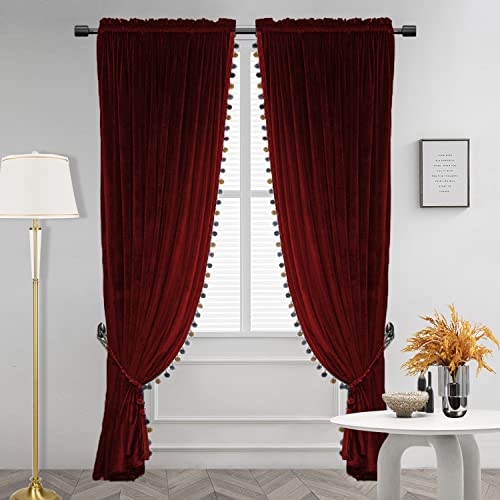 Gxi Burgundy Velvet Blackout Curtains with Luxury Pom Poms Solid Thermal Insulated Rod Pocket Drapes for Bedroom Living Room, 2 Panels， Each Panel W52xL84 inch
