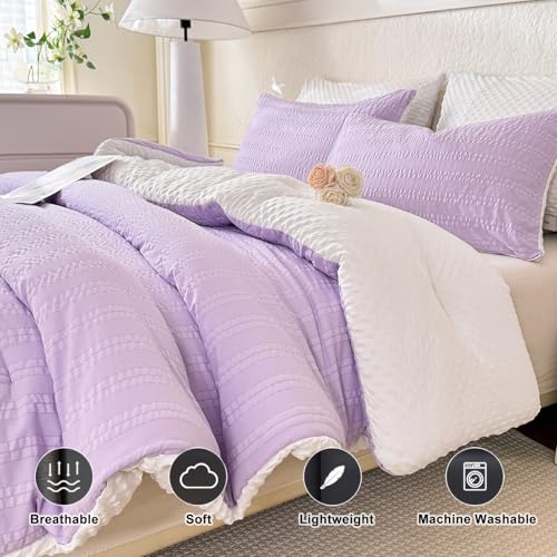 Image of tohrisa Boho Comforter Set King Size Striped Pleats Bohemian Seersucker Bedding Set All Season Soft Cozy 3 Pieces Quilt with 2 Pillowcases(104 inchX90 inch Lavender)
