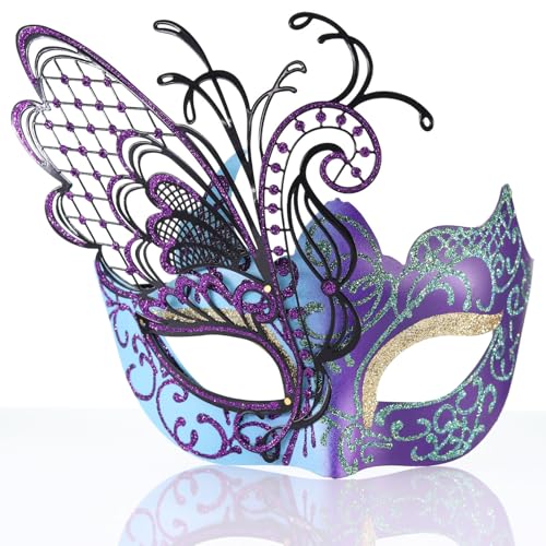 Ubauta Divers masques vénitiens en métal avec strass pour femme pour bal masqué, Mardi Gras, bal costumé, mariage (papillon bleu violet)