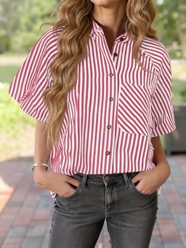 Image of Tankaneo Womens Short Puff Sleeve Button Down Shirts Striped Trendy Casual Loose Fit Blouse V Neck Collared Tops