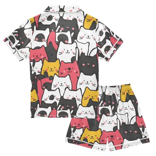 ALAZA Cute Color Cat Kitten Pajamas Satin Pajama Set Short Sleeve Button Down Sleepwear2