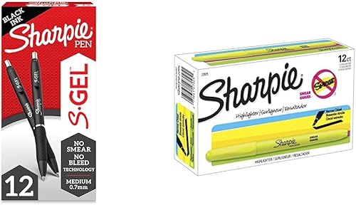 SHARPIE S-Gel, bolígrafos de gel, punta media (0.028 in), bolígrafo de gel de tinta negra, 12 unidades y resaltadores estilo bolsillo, punta de