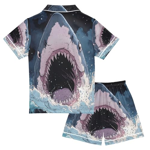ALAZA Shark Mouth Cartoon Satin Pajamas Set Short Sleeve Button Down Sleepwear Summer Pjs 2 Piece2