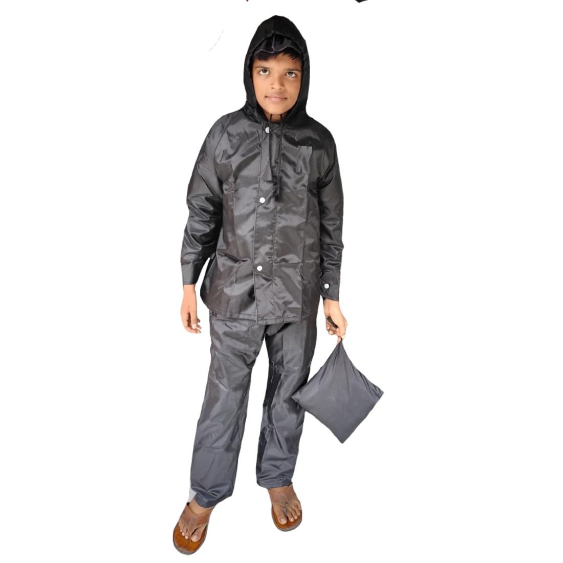 D8211K Children’s Waterproof Hooded Raincoat & Pant Set | Durable, Lightweight, Portable Rain Suit with Carry Pouch (S, Black, 6 Years - 7 Years) 3