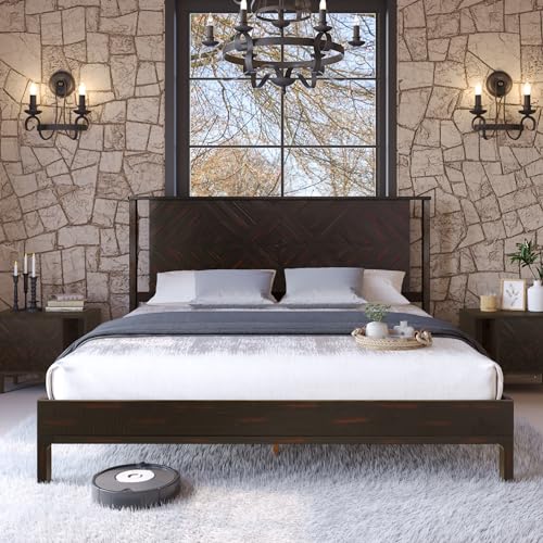 Image of Bme Ethan King Size Bed Frame with Diamond Headboard, Rustic Mid-Century Modern, Solid Acacia Wood, No Box Spring Needed, Slat Support, Rustic Black
