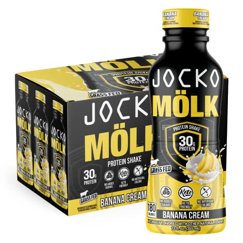 Jocko MÃ¶lk Banana Cream Protein Shakes â Naturally Flavored Protein Drinks, KETO Friendly, No Added Sugar, 30g Grass Fed Protein - Protein Shakes Ready to Drink Meal Replacement, 12 FL Oz, 12pk