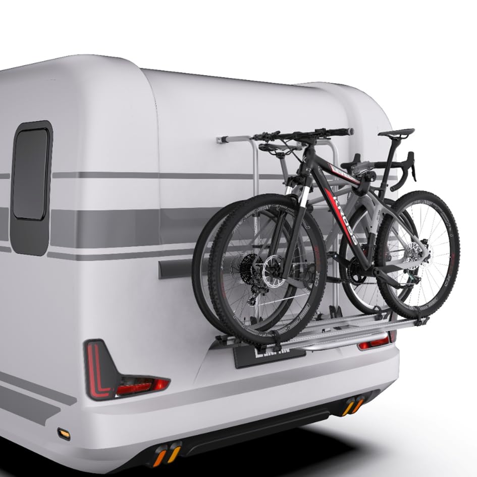 XIMPLIO Wallrider Portabici per Camper e Caravan, Alluminio Anodizzato, per 2 Biciclette ed E-Bike, Carico Massimo 50 kg, Pieghevole con Antifurto Integrato