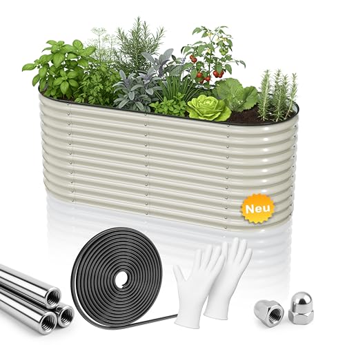 HOFGARTEN 200x80x78cm QuickGrow XL Metall Hochbeet | Stahl rostfrei verzinkt & lackiert | sehr stabiles XXL Garten Beet oval für Gemüse Kräuter Blumen | Premium Hochbeete-Kit | Cremeweiß (Beige)
