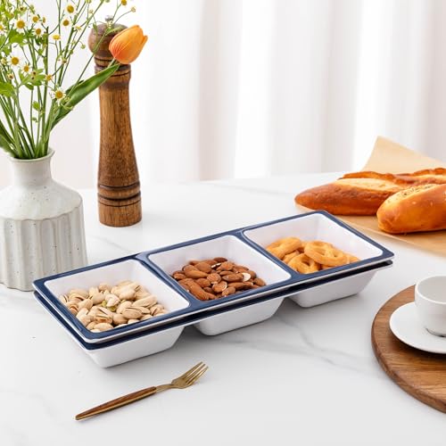 Unbreakable 3-Compartment Serving Trays, 14.75”x 6” Melamine Platter Set of 2