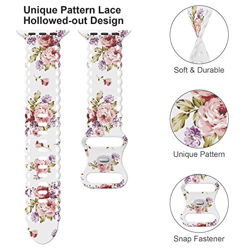 Image of Compatible with Apple Watch Band 41mm 40mm 38mm 49mm 45mm 44mm 42mm Women Girl, Rose Floral Print Lace Hollow-out Soft Silicone Sport Bands For iWatch Ultra SE Series 9 8 7 6 5 4 3 2,