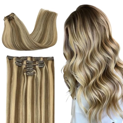 DOORES Clip in Hair Extensions, 5pcs 75g Balayage Medium Brown Highlighted Golden Blonde 14 Inch Real Human Hair Extensions Clip in Straight Natural Hair Extensions