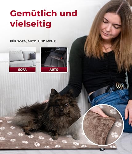 HS-Hundebett® Hundedecke XS (45x65 cm) – Wendbar & gemütlich Dank 3 cm Füllung – Perfekt fürs Sofa, Auto & Hundebox – Tatze Beige, Made in DE