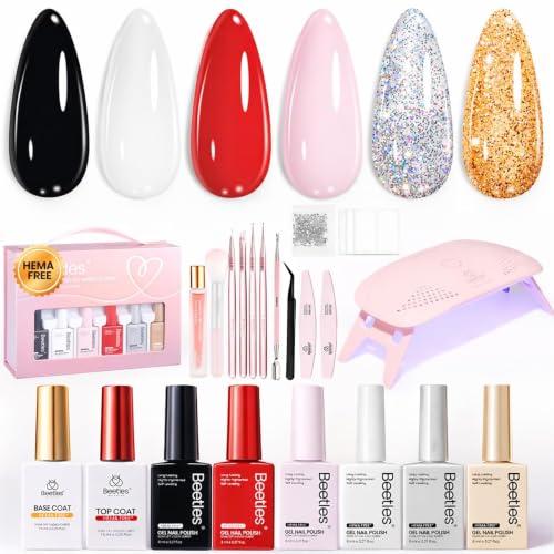 Image of Beetles 22 Pcs HEMA-Free Gel Nail Polish Kit with U V Light - 6 Color Pink Black White Red Shiver Glitter Gel Polish Set Timeless Charm Gift-Ready Package Salon Manicure Kit Gifts for Women