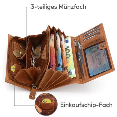 Portemonnee für Damen mit Blüten Muster RFID-Schutz, Leder Geldbörse Langformat mit Druckknopf (Braun) – Bild 6