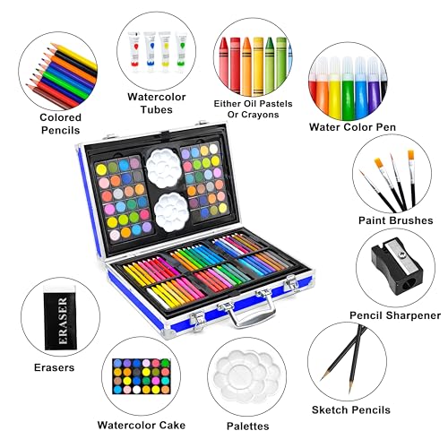 Image of VGRASSP 145 Pcs Space Theme Painting & Drawing Art Kit Toy for Kids - Portable School Stationery Set with Color Sticks, Watercolors, Color Pencils, Sketch Pens & Craft Supplies