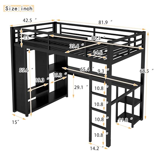 Image of Bellemave Twin XL Loft Bed with Desk, Wardrobe, Metal Twin XL Loft Bed Frame for Adults, Kids, Teens, Black