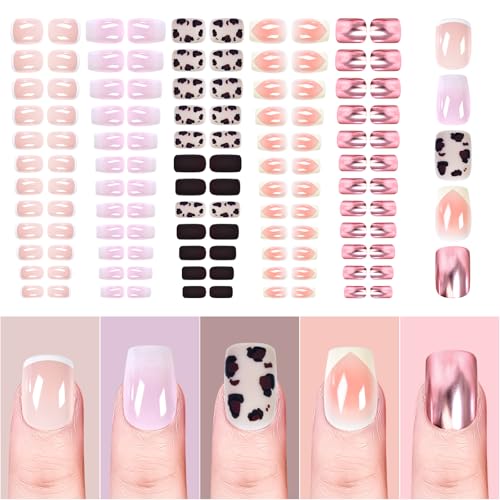 5 Packs Pink French Press on Nails Metallic Short Squoval Purple False Nails Salon Pre-design Nail Art Mixed Styles Manicure Kits Reusable Acrylic Nails Fake Fingernails 120pcs with Adhesive Tabs