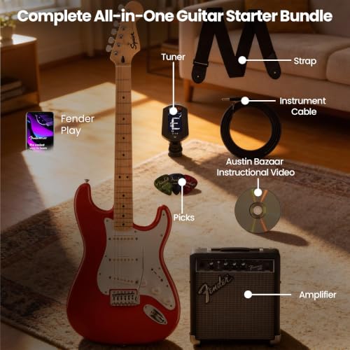 Image of Fender Squier Sonic Stratocaster - Fiesta Red Bundle with Frontman 10G Amp, Instrument Cable, Tuner, Strap, Picks, and Austin Bazaar Instructional Video