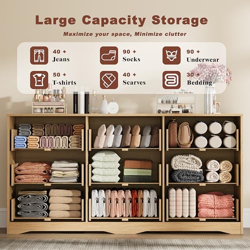 Image of Fluted 9 Drawer Dresser for Bedroom, 63 inch Wide Modern Wooden Chest of Drawers with Metal Handles, TV Stand & Closet Storage Organizer for Living Room,Hallway, Natural Wood
