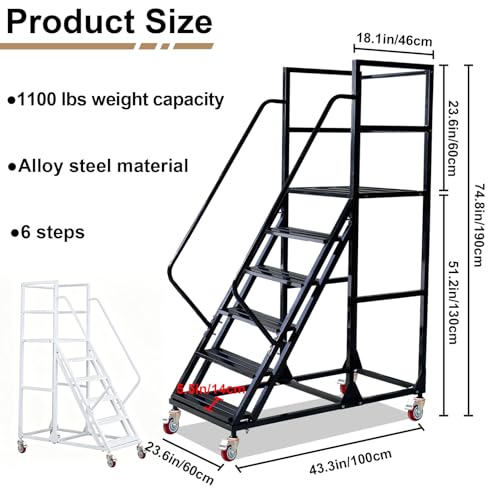 Image of 6 Step Rolling Warehouse Step Ladder, Industrial Mobile Staircase on Wheels, 1100Lbs Weight Capacity, Heavy Duty Mobile Platform Ladder with Handrails, Suitable for Warehouse, Library (Black, 6 steps)