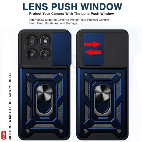 Image of AESTMO Tough Armor Compatible with Motorola Moto Edge 60 Stylus 5G Bumper Back Case Cover | Ring Holder & Sliding Camera Shield Cover | 360 Degree Protection Back Case Cover (Blue)