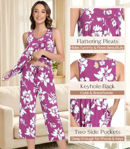 Image of NACHILA Pajamas for Women-Viscose Made from Bamboo, Sleeveless Pjs Tank Top Capri Pants Pajama Sets Cooling Sleepwear