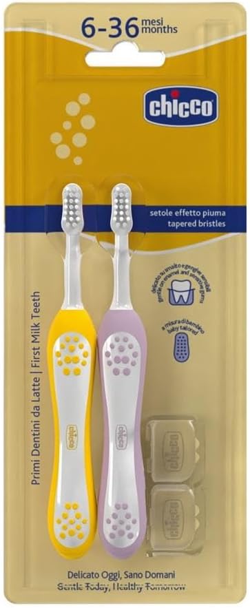 Chicco Children's Toothbrush Set with Rounded Head Soft Bristles Gums and Teeth Soft Large Non-Slip Handle with Brush Cover 6-36 Months 2 Pieces Baby Girl