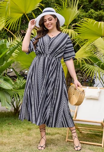 Image of Keluummi Plus Size Summer Wedding Guest Maxi Dresses for Curvy Women, Casual Floral 3 /4 Sleeve Emipre Waist V Neck Long Dress
