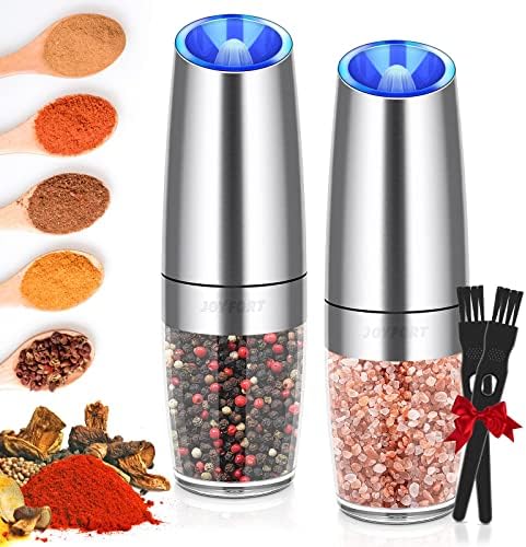 Gravity Electric Salt and Pepper Grinder Set, Joyfort Automatic Pepper Mill Grinder Battery Powered with Adjustable Coarseness, Stainless Steel,2 Pack