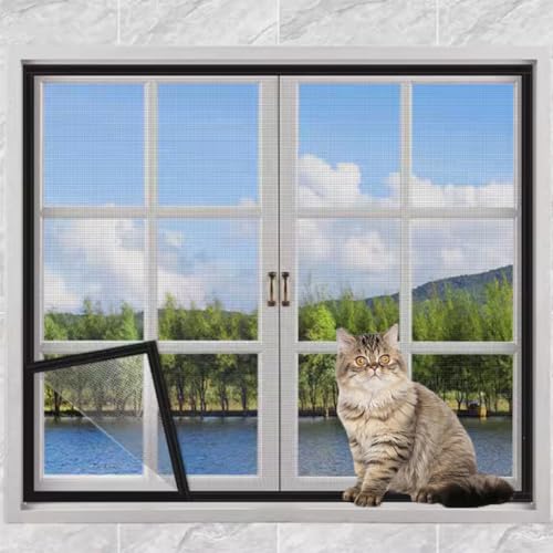 Yuly Custom Size Cat Proof Window Screen,Fly Screen Anti-Mosquito Insect Net,Self-Adhesive Cat Protection Net with Zipper,Window Guard Net for Balcony (White screen black sticker)
